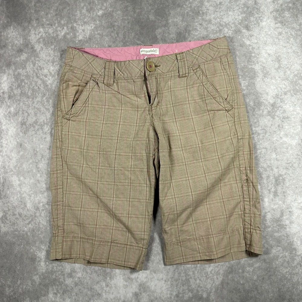 Vintage Aeropostale Womens Tan Pink Plaid Bermuda Shorts 3/4 Low Rise Y2K 2000s